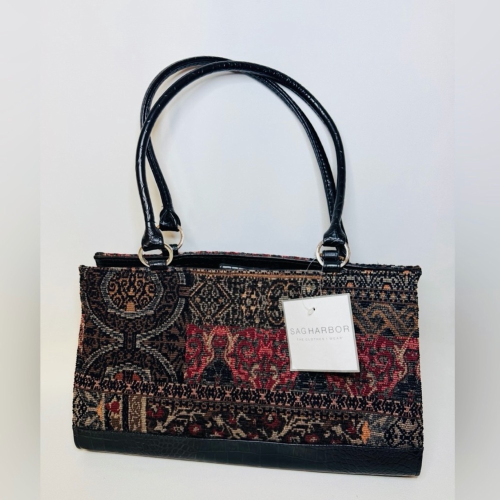 TAPESTRY ~ Faux Leather ~Medium Size~ Handbag Purse ~ Brown & Red ~ 2 Handles